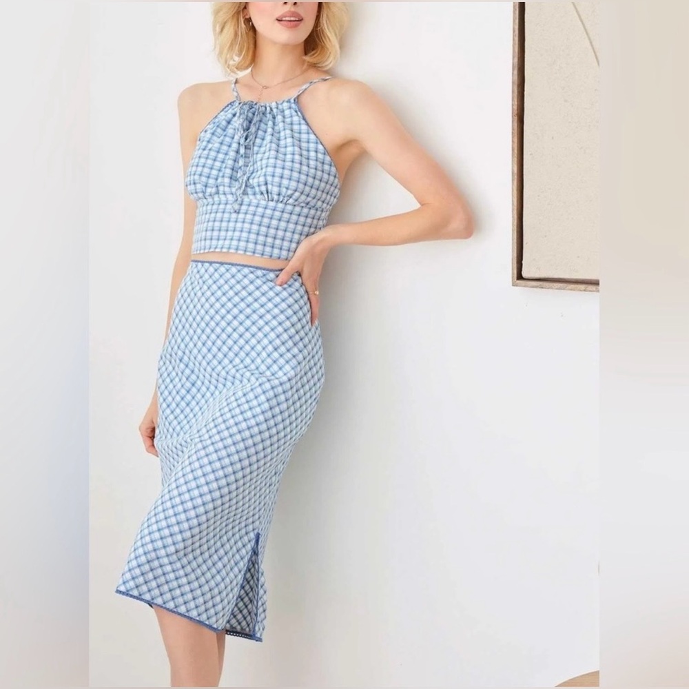 Le Lis Blue Plaid Halter Top and Lace Trim Midi Skirt, Side Slit Set. Size XS
